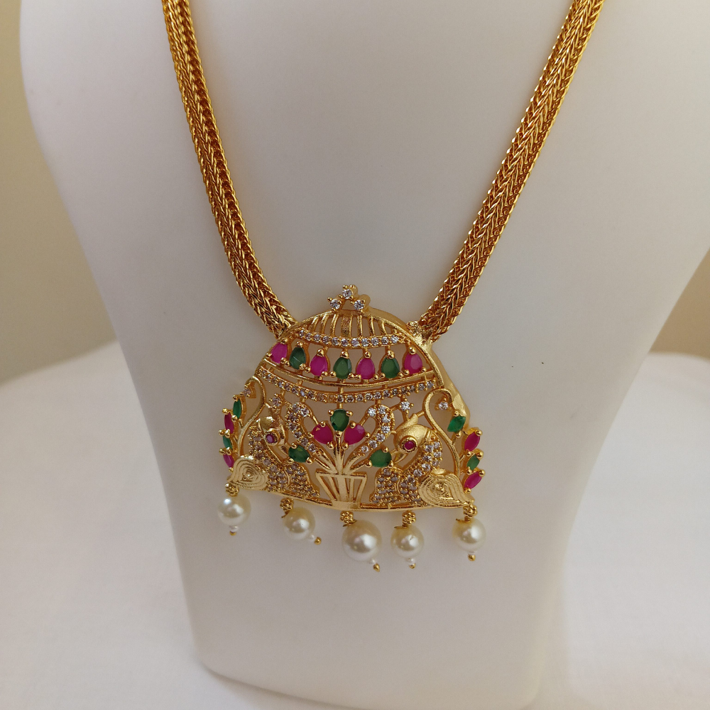 Traditional Gold-Plated Temple Necklace with Ruby, Green Stones & Pearl Drop Pendant