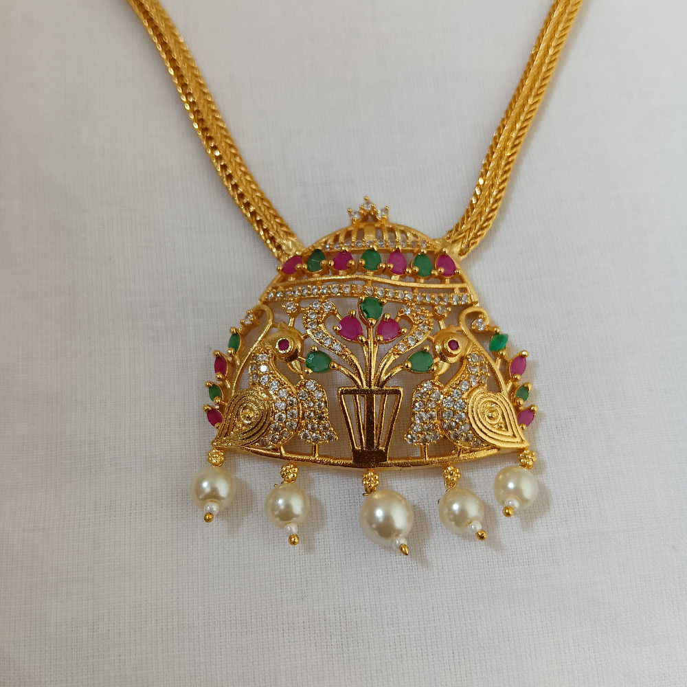 Traditional Gold-Plated Temple Necklace with Ruby, Green Stones & Pearl Drop Pendant