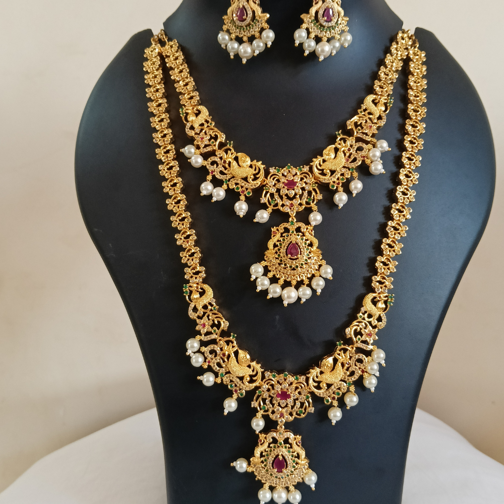 Untitled design (92) Traditional Gold-Plated Bridal Long Haram Necklace Set with Ruby, Green Stones & Pearl Drops