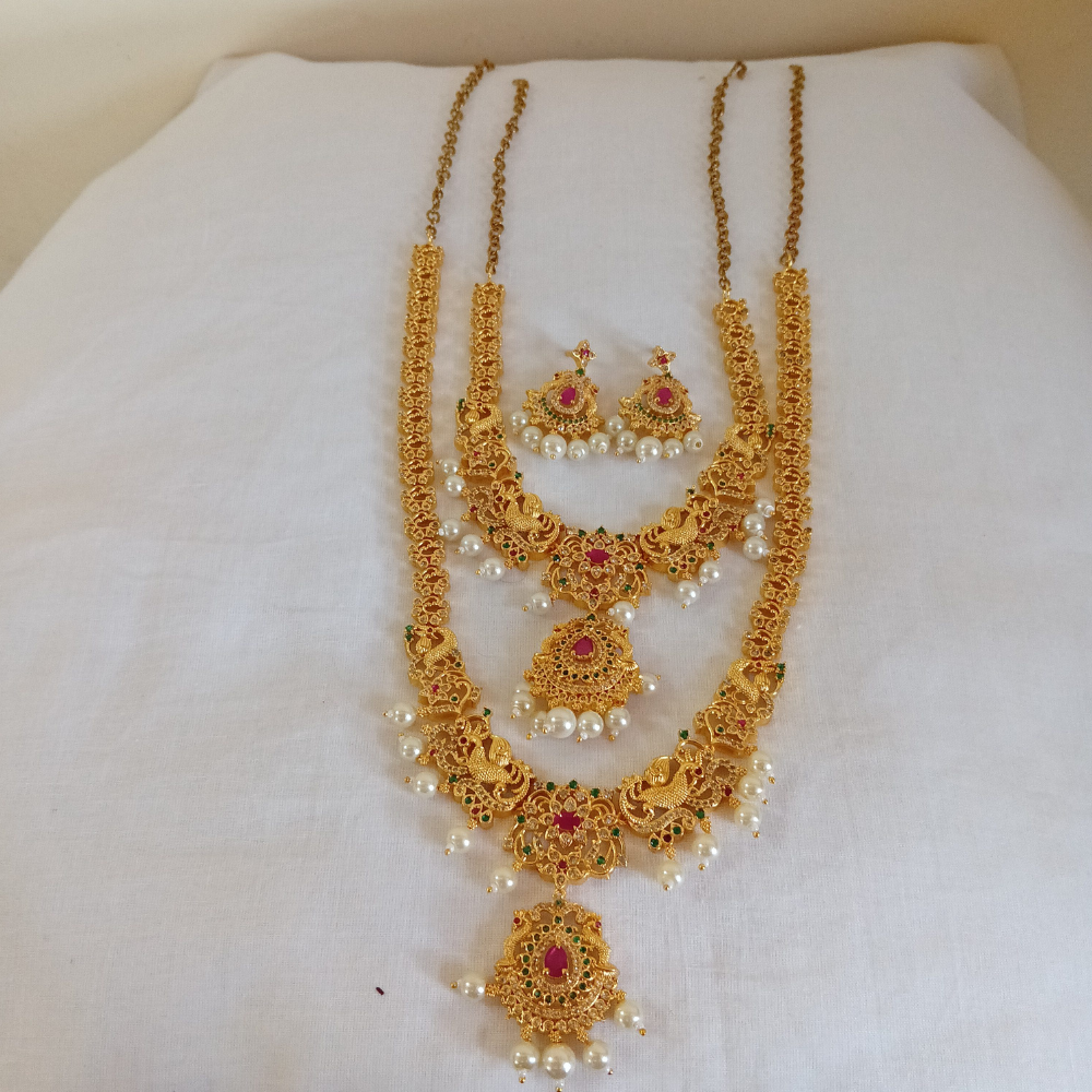 Untitled design (93) Traditional Gold-Plated Bridal Long Haram Necklace Set with Ruby, Green Stones & Pearl Drops