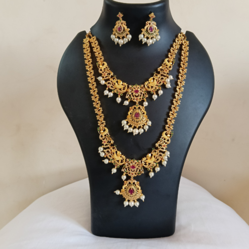Traditional Gold-Plated Bridal Long Haram Necklace Set with Ruby, Green Stones & Pearl Drops