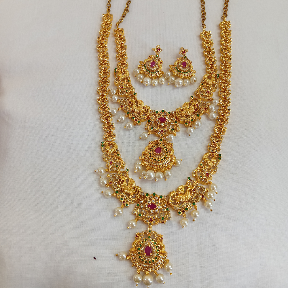 Untitled design (95) Traditional Gold-Plated Bridal Long Haram Necklace Set with Ruby, Green Stones & Pearl Drops