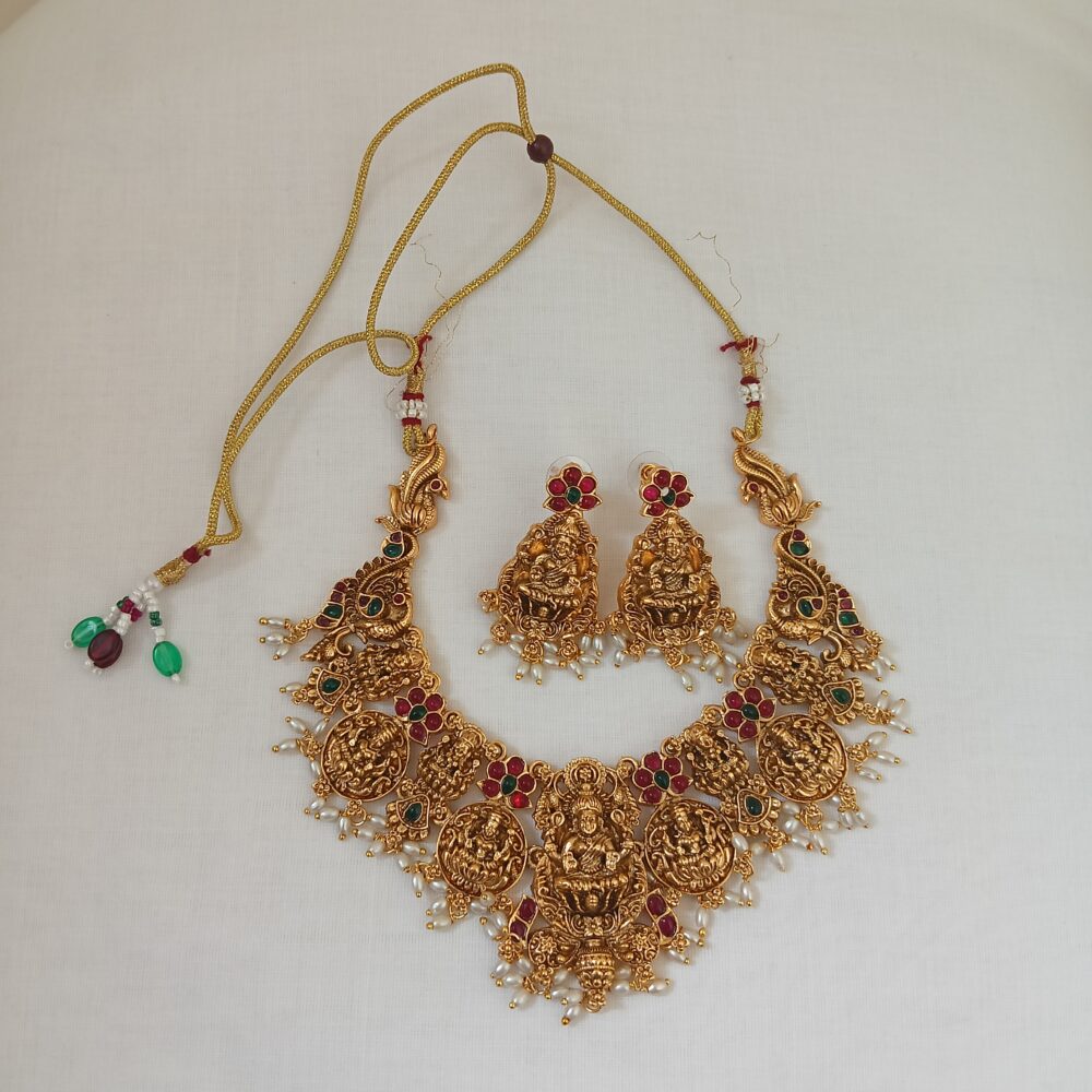 Traditional Gold-Plated Lakshmi Temple Jewellery Necklace Set with Peacock Design, Ruby & Green Stones