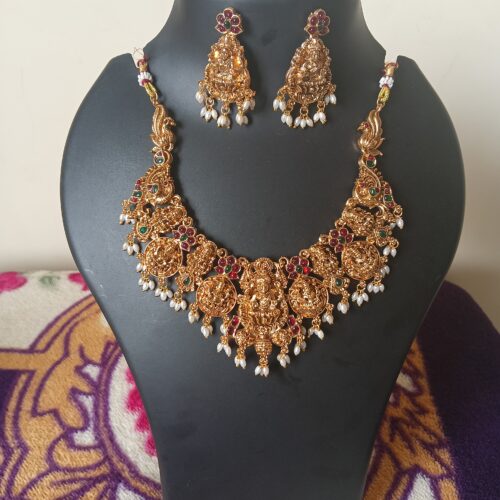 Traditional Gold-Plated Lakshmi Temple Jewellery Necklace Set with Peacock Design, Ruby & Green Stones
