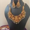 Traditional Gold-Plated Lakshmi Temple Jewellery Necklace Set with Peacock Design, Ruby & Green Stones