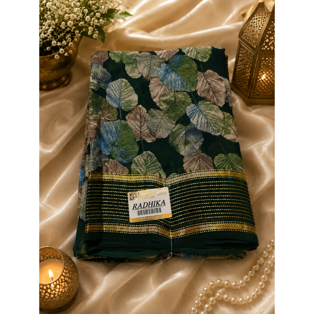 Untitled design - 2026-08-14T173517.462 🌿 Radhika Fancy Leaf Print Georgette fabric Saree Collection