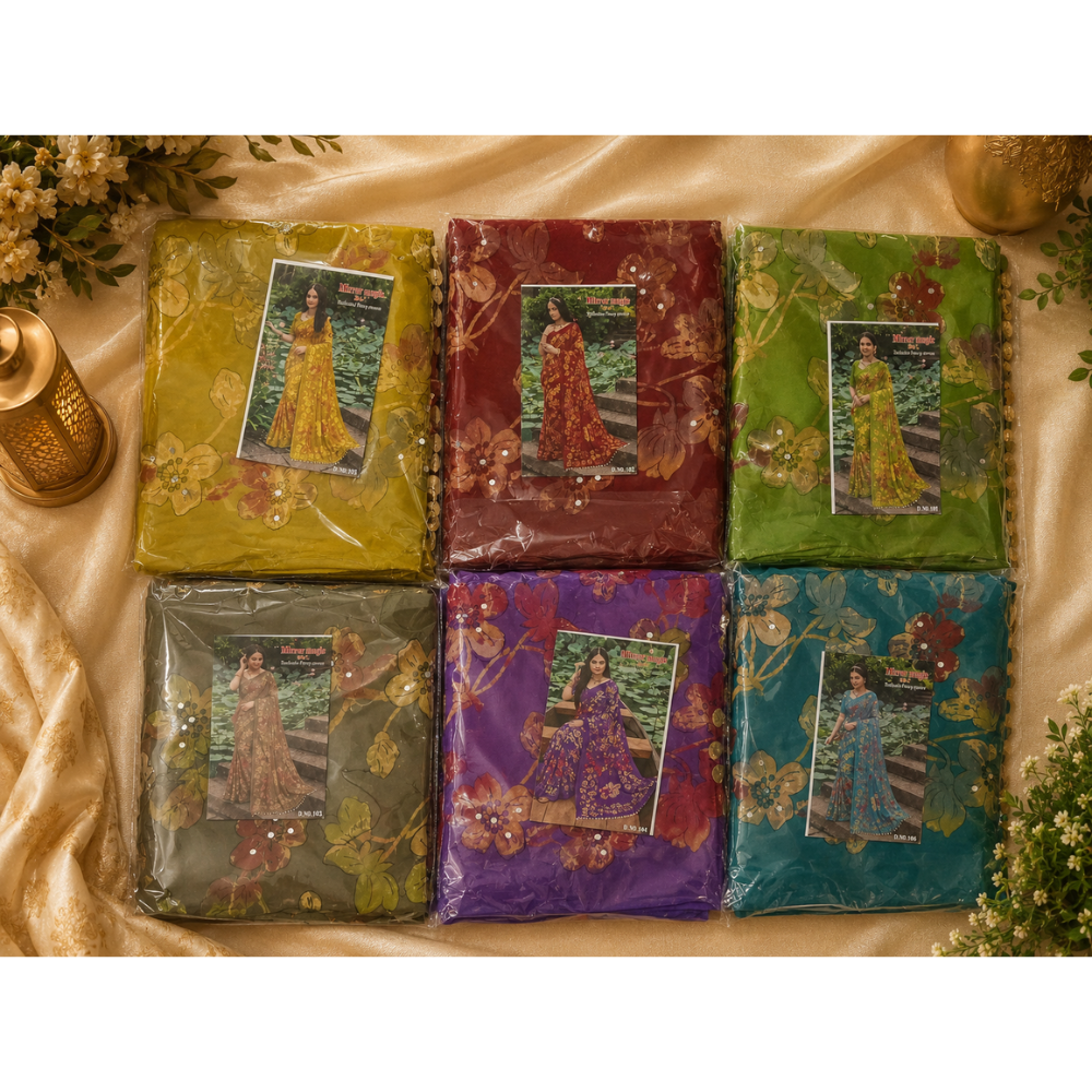 Mirror Magic Floral Printed Fancy Saree – 6 Colour Collection