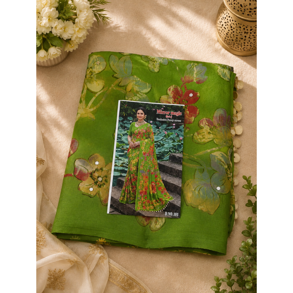 Mirror Magic Floral Printed Fancy Saree – 6 Colour Collection