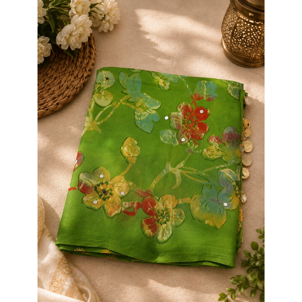 Mirror Magic Floral Printed Fancy Saree – 6 Colour Collection