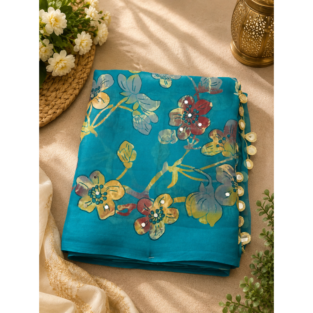 Mirror Magic Floral Printed Fancy Saree – 6 Colour Collection