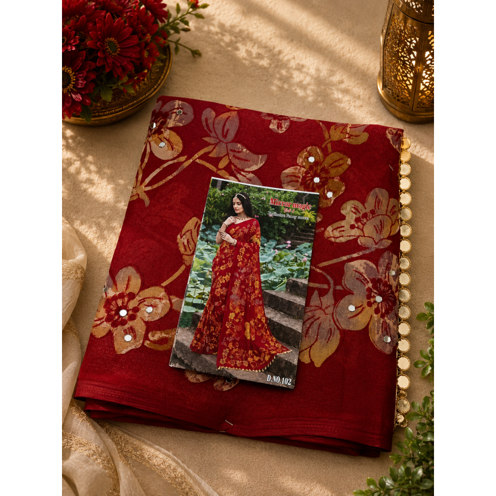 Mirror Magic Floral Printed Fancy Saree – 6 Colour Collection