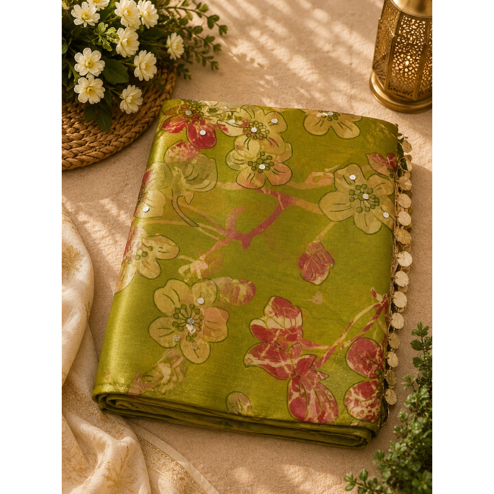Mirror Magic Floral Printed Fancy Saree – 6 Colour Collection