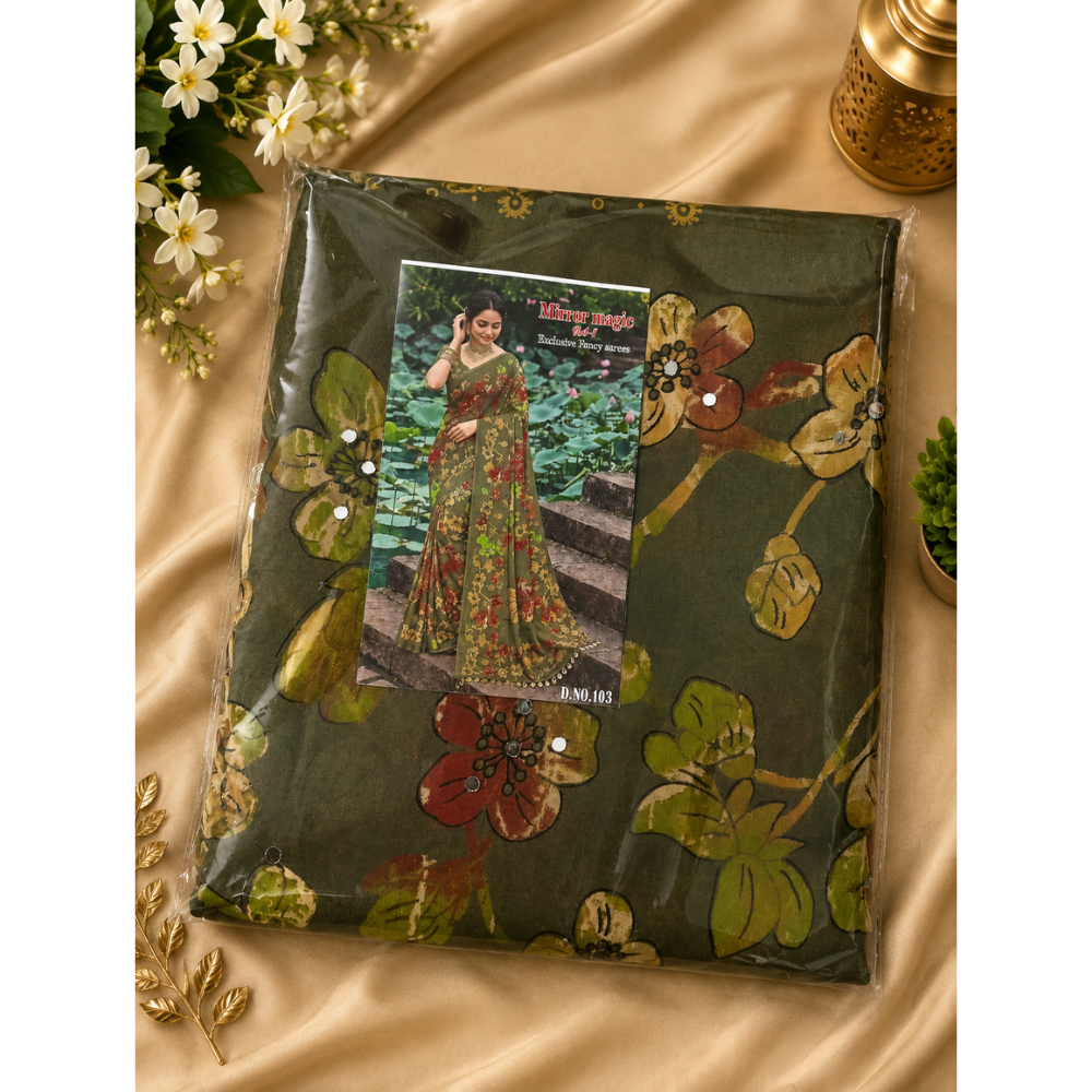 Mirror Magic Floral Printed Fancy Saree – 6 Colour Collection