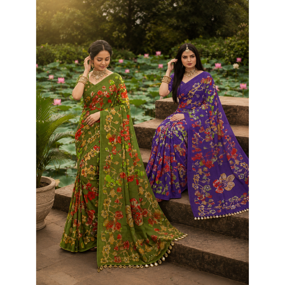 Mirror Magic Floral Printed Fancy Saree – 6 Colour Collection