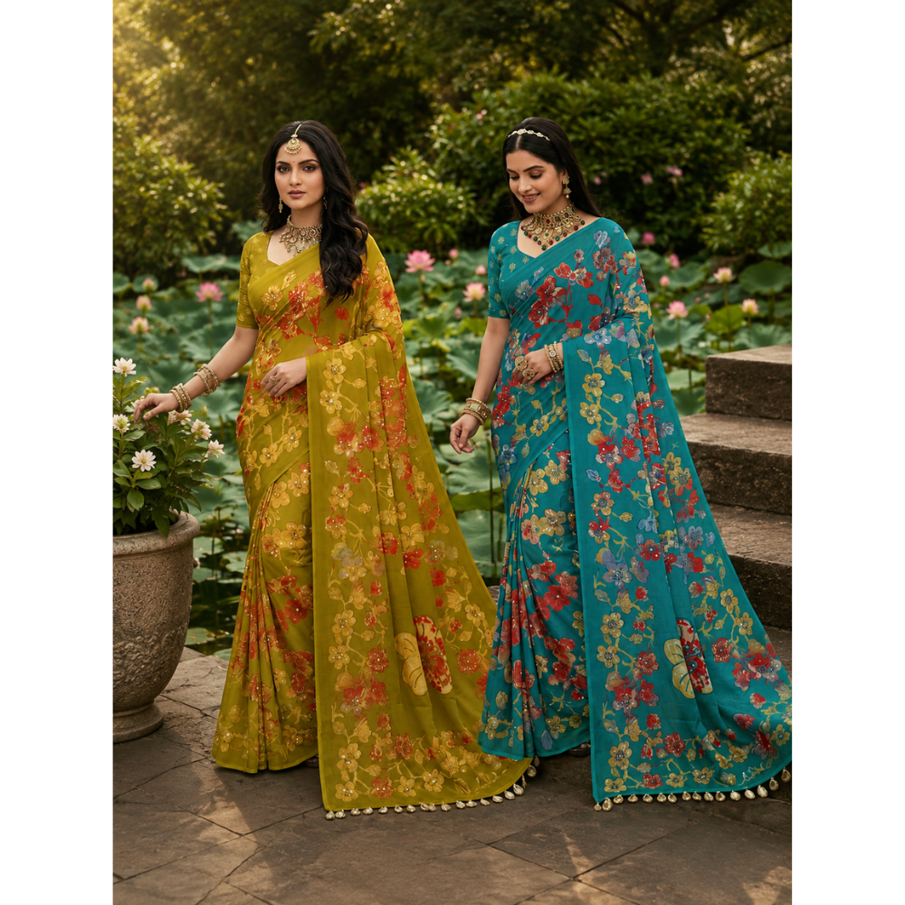 Mirror Magic Floral Printed Fancy Saree – 6 Colour Collection