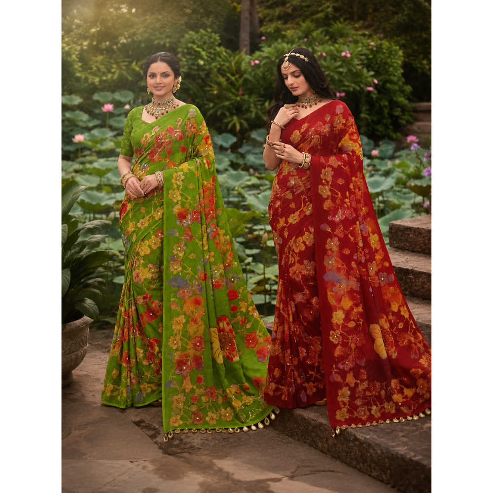 Mirror Magic Floral Printed Fancy Saree – 6 Colour Collection