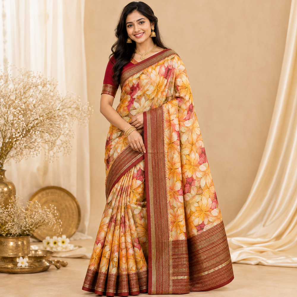 Jasmine Floral Print Fancy Saree  with Blouse  Soft Fabric 8 Colour Variants