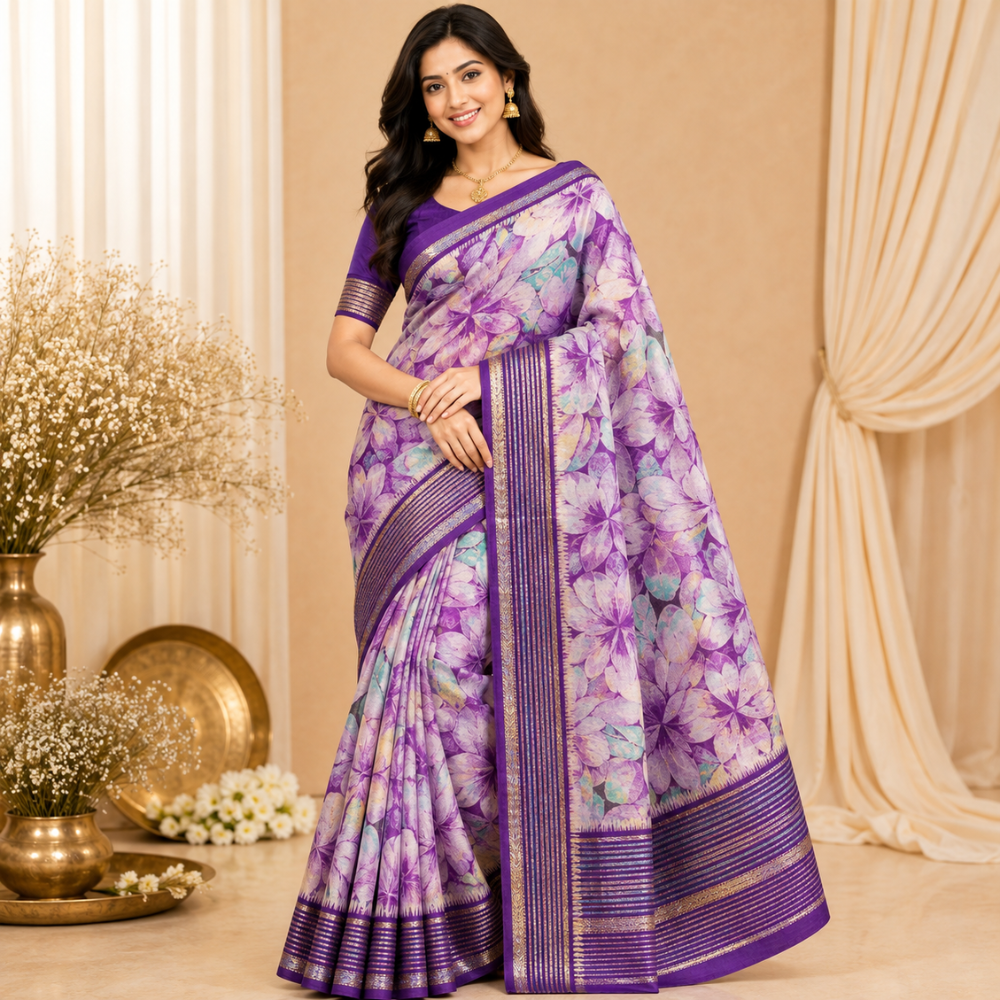 Jasmine Floral Print Fancy Saree  with Blouse  Soft Fabric 8 Colour Variants