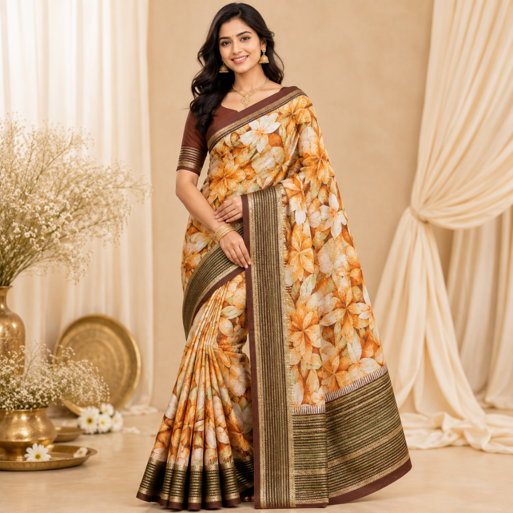 Jasmine Floral Print Fancy Saree  with Blouse  Soft Fabric 8 Colour Variants