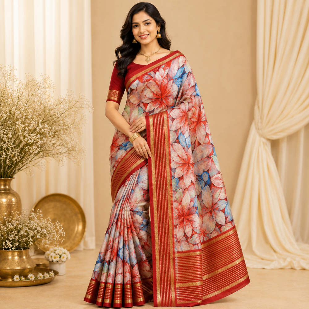 Jasmine Floral Print Fancy Saree  with Blouse  Soft Fabric 8 Colour Variants