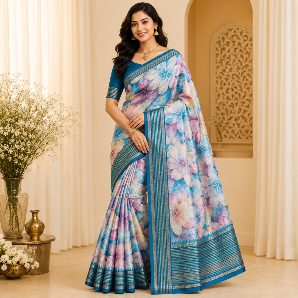 Jasmine Floral Print Fancy Saree  with Blouse  Soft Fabric 8 Colour Variants