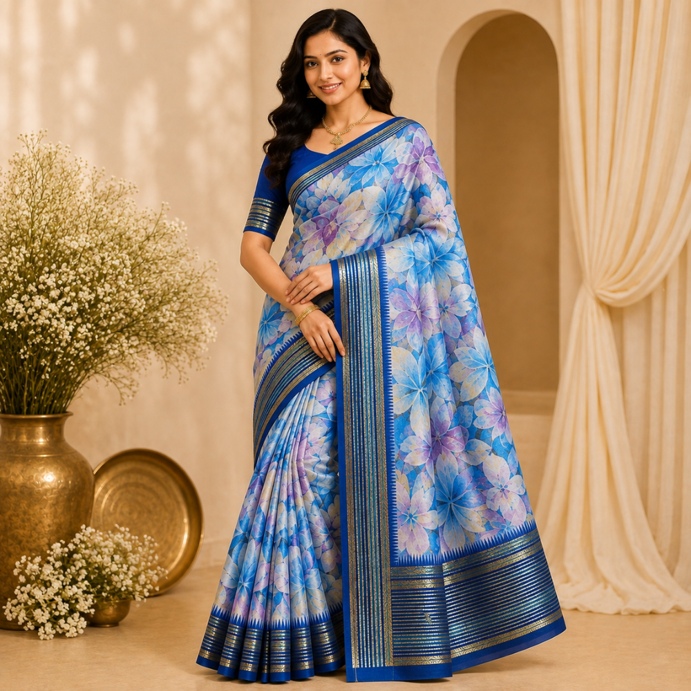 Jasmine Floral Print Fancy Saree  with Blouse  Soft Fabric 8 Colour Variants