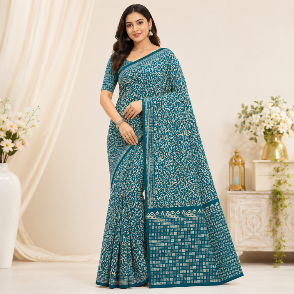 Floral Printed Georgette  Saree with Designer Border & Blouse Piece  5 Colour Variants