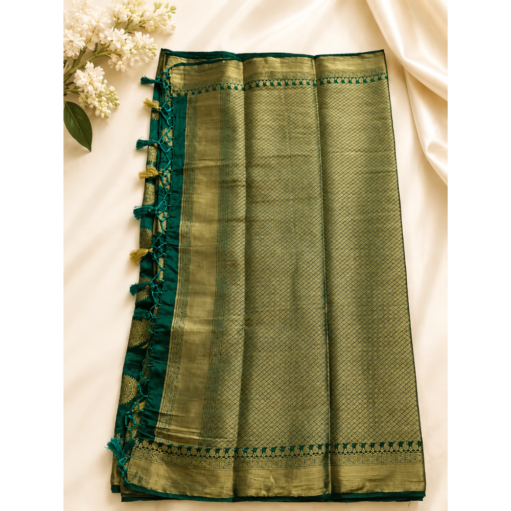 Untitled design (54) Bottle Green Banarasi Soft Silk Saree,