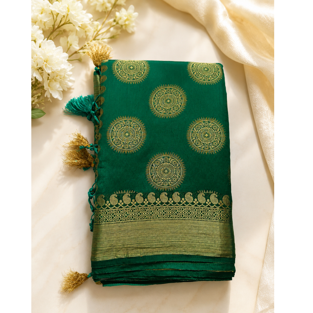 Untitled design (57) Bottle Green Banarasi Soft Silk Saree,