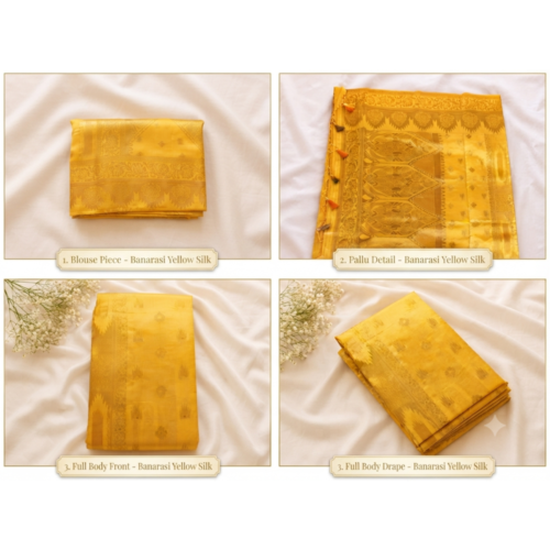 Premium Banarasi Yellow Soft Silk Saree with Rich Gold Zari Weaving & Designer Pallu