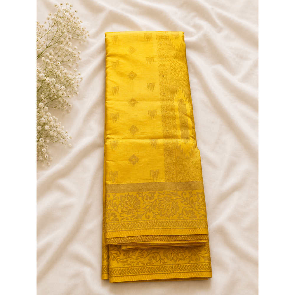 Premium Banarasi Yellow Soft Silk Saree with Rich Gold Zari Weaving & Designer Pallu