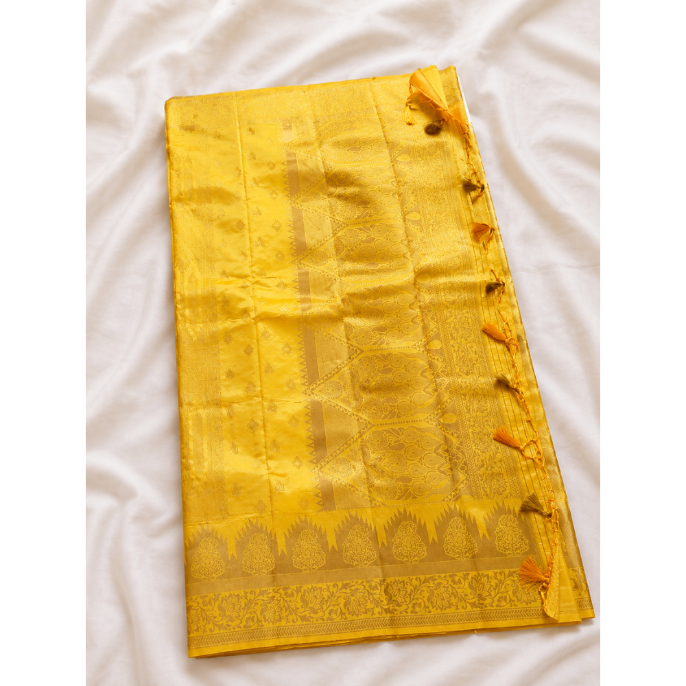 Premium Banarasi Yellow Soft Silk Saree with Rich Gold Zari Weaving & Designer Pallu