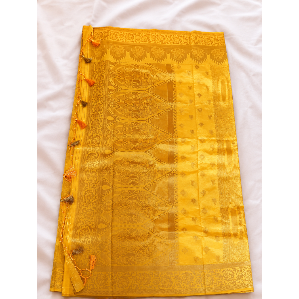 Premium Banarasi Yellow Soft Silk Saree with Rich Gold Zari Weaving & Designer Pallu