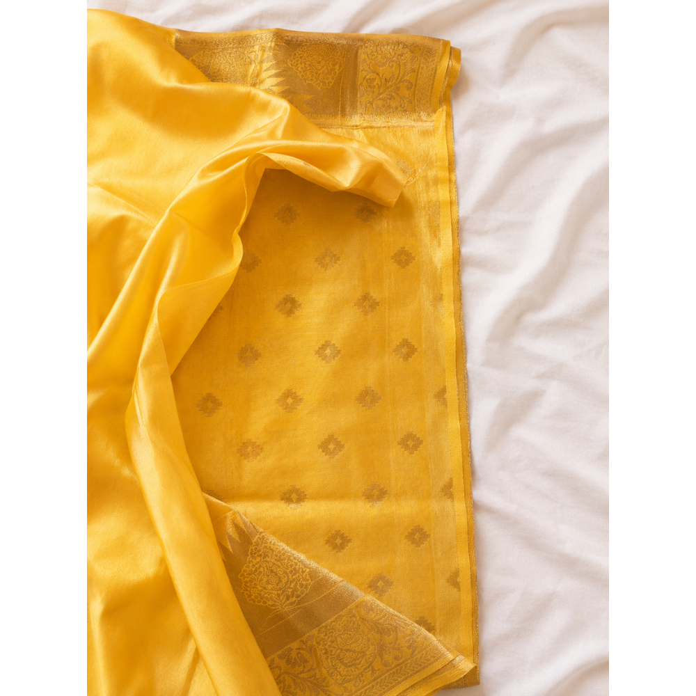 Premium Banarasi Yellow Soft Silk Saree with Rich Gold Zari Weaving & Designer Pallu