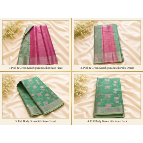 Premium Pink & Green Kanchipuram Soft Silk Saree with Silver Zari Weaving