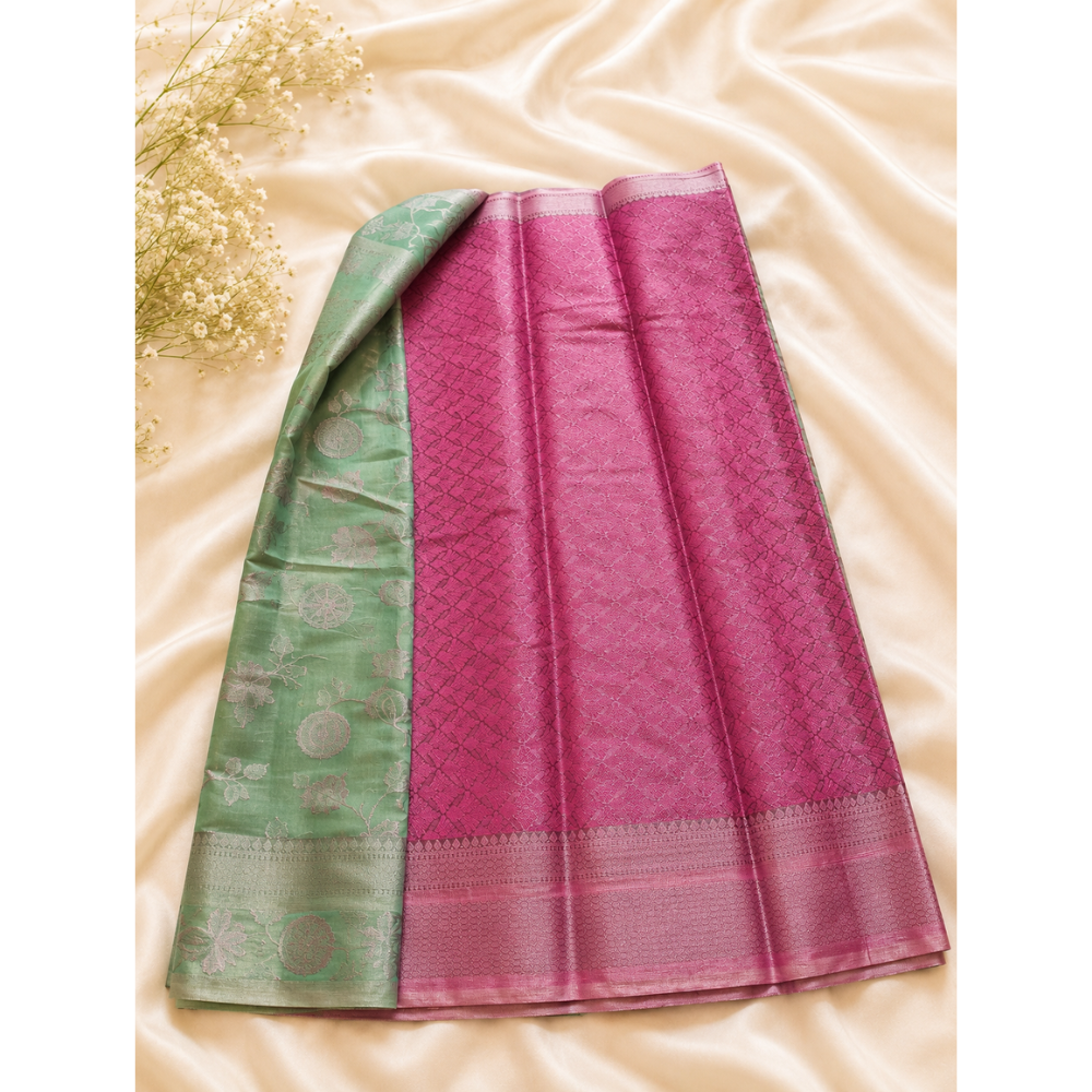 Premium Pink & Green Kanchipuram Soft Silk Saree with Silver Zari Weaving