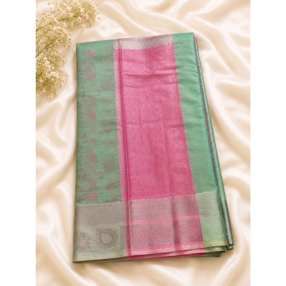 Premium Pink & Green Kanchipuram Soft Silk Saree with Silver Zari Weaving