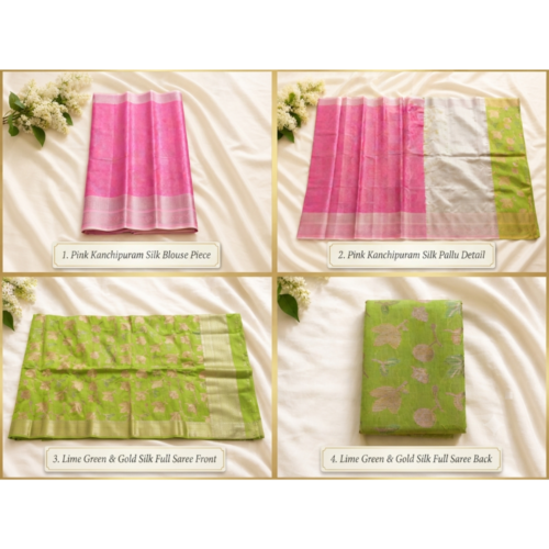 Kanchipuram Soft Silk Saree – Pink & Lime Green with Silver Zari